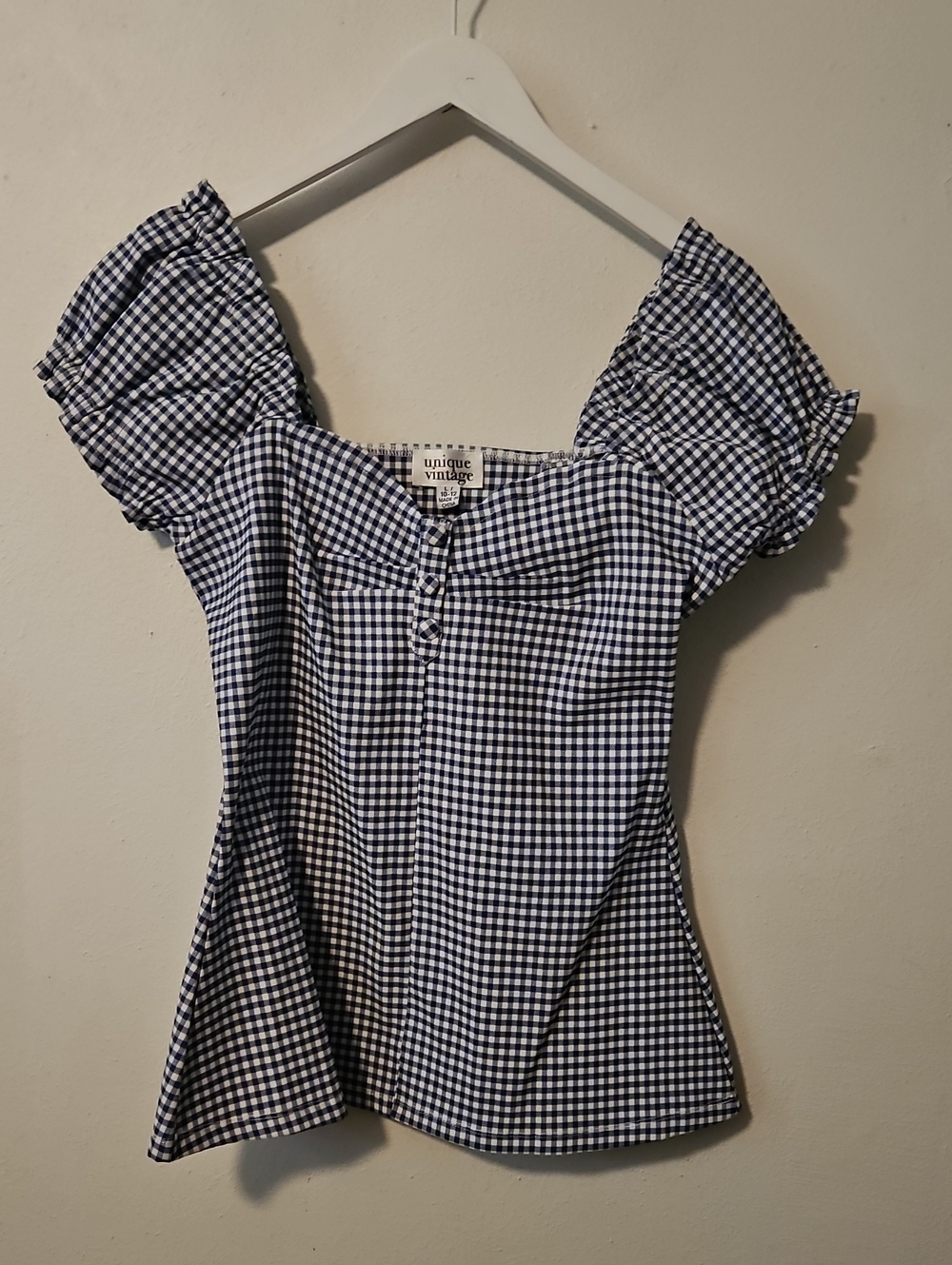 Unique Vintage navy and white Gingham Puff Sleeve Blouse